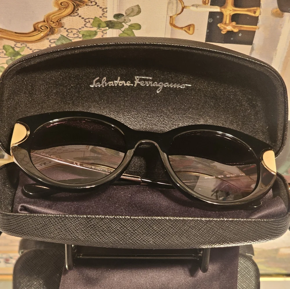 Authentic Salvatore Ferragamo Oval Black and Gold Oval Sunglasses - Picture 3 of 16